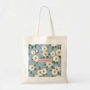 Personalised Charming White Daisies on Dusty Blue Tote Bag