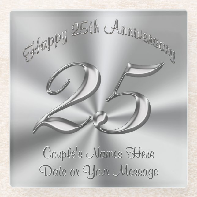 Personalised Cheap 25th Wedding Aniversary Gifts v Glass Coaster (Front)