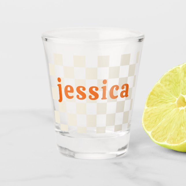 Personalised checkerboard party birthday gift shot glass (Front)