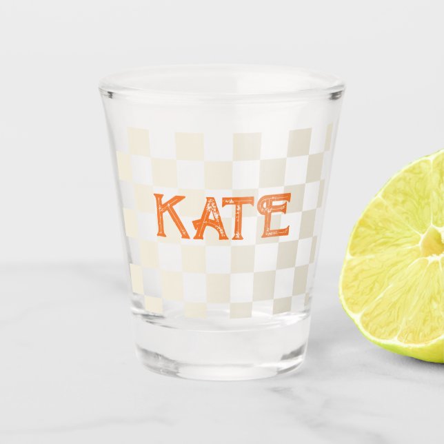Personalised checkerboard party birthday gift shot glass (Front)