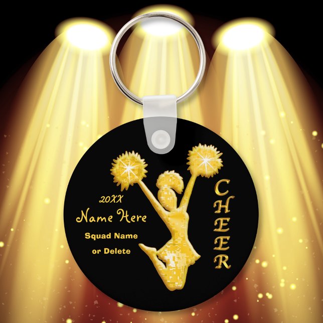 Personalised Cheer Keychains with NAME and YEAR (Cheer gift ideas for squad. Cute, black and gold, cheerleading keychains or cheer pom pom keychain. )