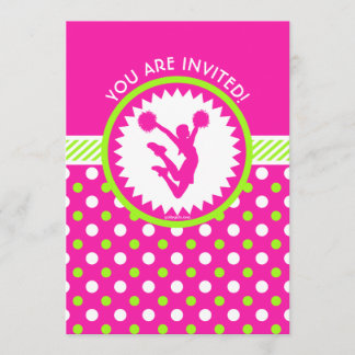 Personalised Cheer / Pom Pink - Green Polka-Dots Invitation