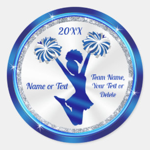 Personalised, Cheer Stickers, Blue, White, Silver Classic Round Sticker