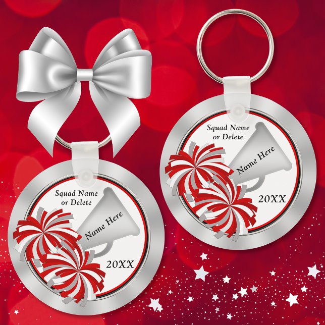 Personalised Cheerleader Gift ideas, Red and White Key Ring (Personalized, Cheerleading gift ideas cheap. Cheerleader Keychains or  Cheer Bag Tags. Red, Silver.)