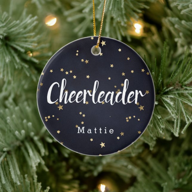 Personalised Cheerleader Navy Blue and Gold Stars Ceramic Tree Decoration (Tree)