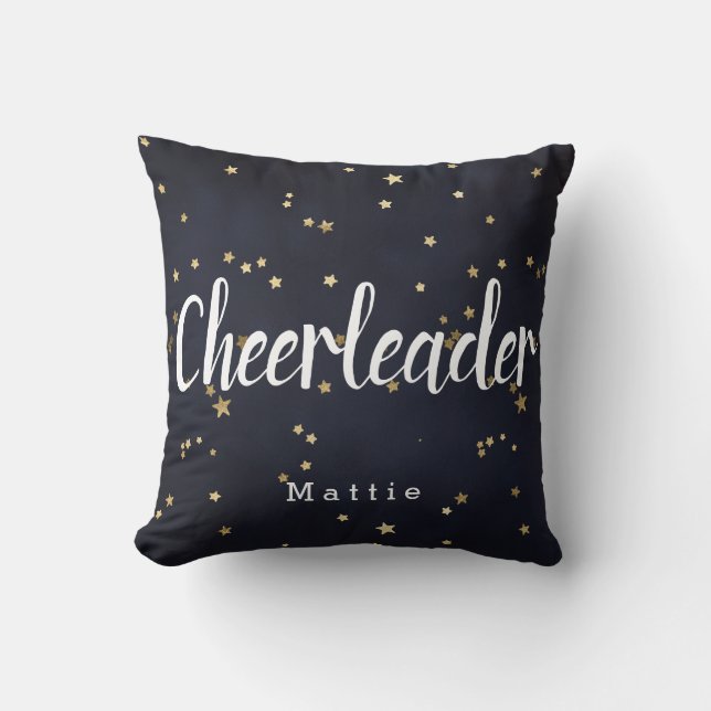 Personalised Cheerleader Navy Blue and Gold Stars Cushion (Front)