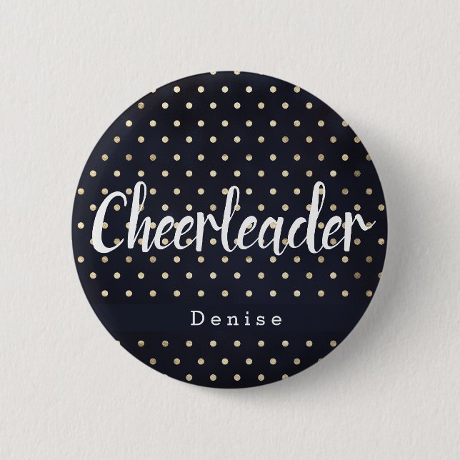 Personalised Cheerleader Navy Blue Gold Polka Dots 6 Cm Round Badge (Front)