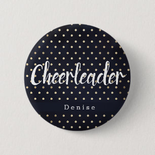 Personalised Cheerleader Navy Blue Gold Polka Dots 6 Cm Round Badge