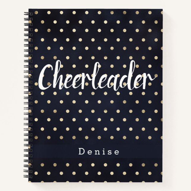 Personalised Cheerleader Navy Blue Gold Polka Dots Notebook (Front)