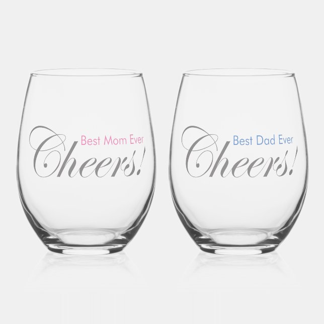 Personalised Cheers! Best Mum and Dad Ever Elegant Stemless Wine Glass (Front)
