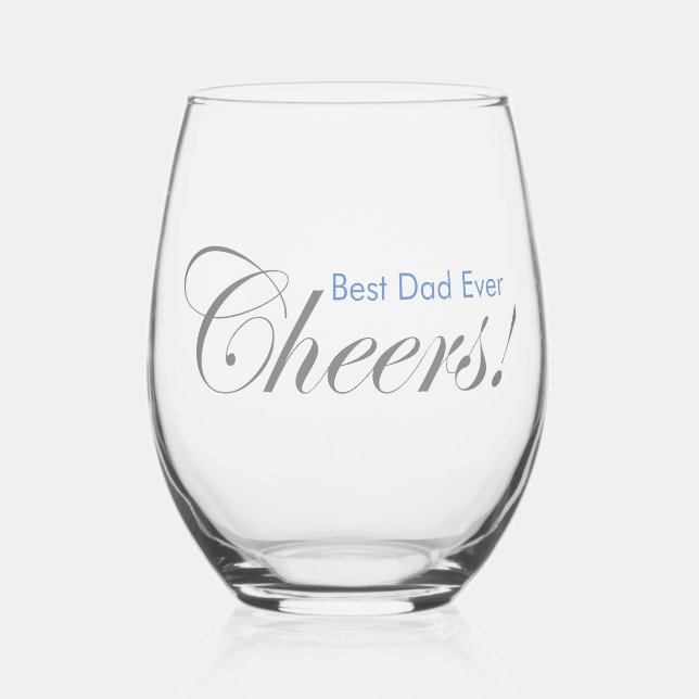 Personalised Cheers! Father's Day Silver Blue Stemless Wine Glass (Front)