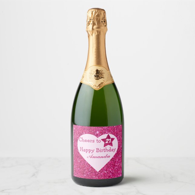 Personalised Cheers to 21st Birthday Pink Glitter  Sparkling Wine Label (Front)