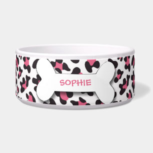 Personalised cheetah print dog bone pet food bowl