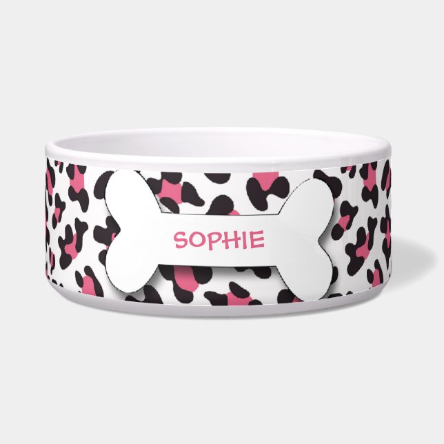 Personalised cheetah print dog bone pet food bowl (Front)