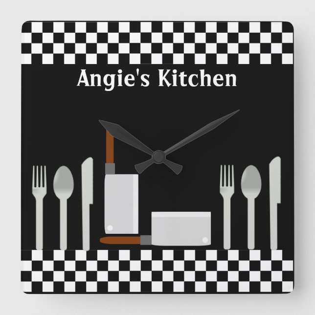 Personalised Chequerboard Kitchen Utensils Clock (Front)