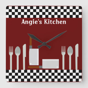 Personalised Chequerboard Kitchen Utensils Clock