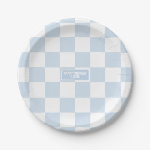 Personalised Chequered Baby Blue Shades Paper Plate