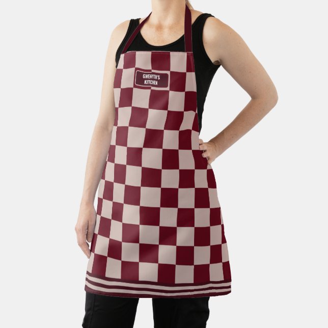 Personalised Chequered Burgundy Rouge Modern Apron (Insitu)