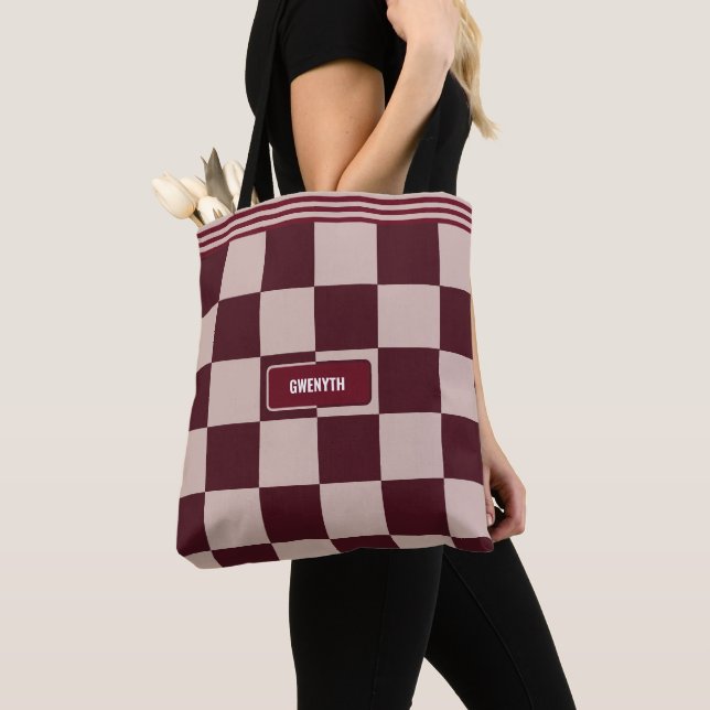 Personalised Chequered Burgundy Rouge Modern Tote Bag (Close Up)