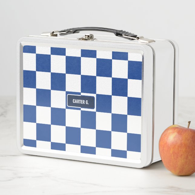 Personalised Chequered Fiesta Royal Blue Metal Lunch Box (In Situ)