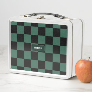 Personalised Chequered Green & Black Metal Lunch Box