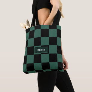 Personalised Chequered Green & Black Tote Bag