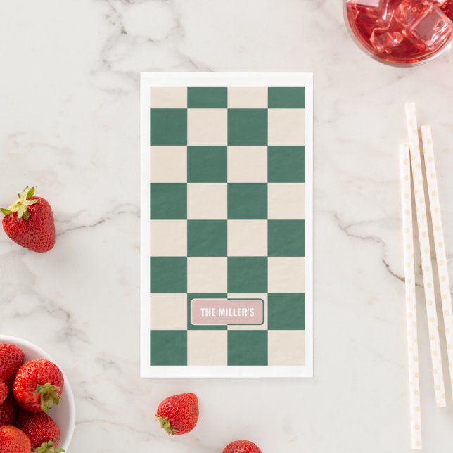 Personalised Chequered Green & Pink Napkin (Insitu)