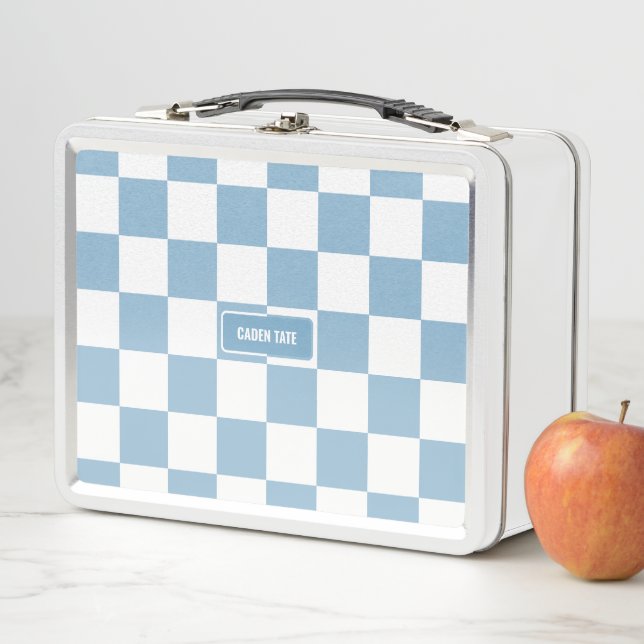 Personalised Chequered Iris Baby Blue Metal Lunch Box (In Situ)