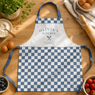 Personalised Chequered Kitchen Custom Name Blue Apron