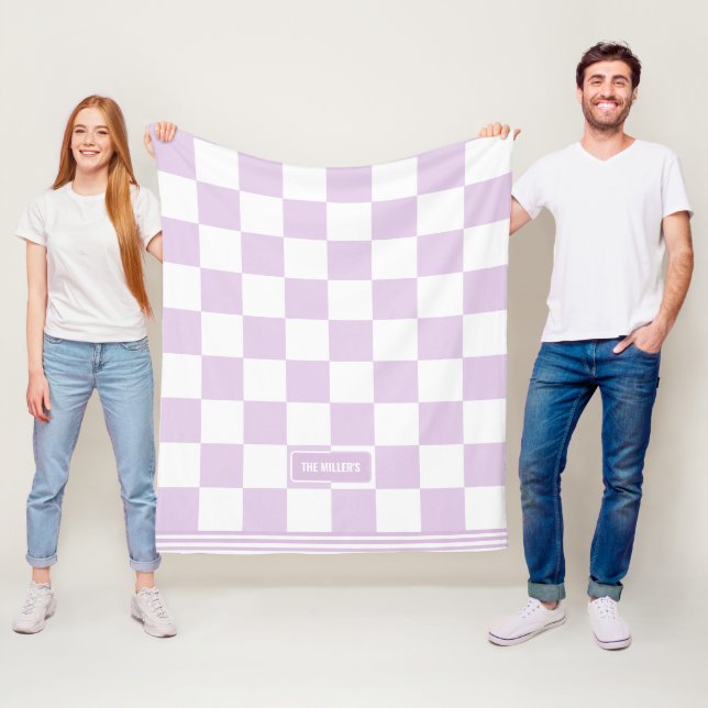 Personalised Chequered Lavender Purple Family Home Fleece Blanket (In Situ)