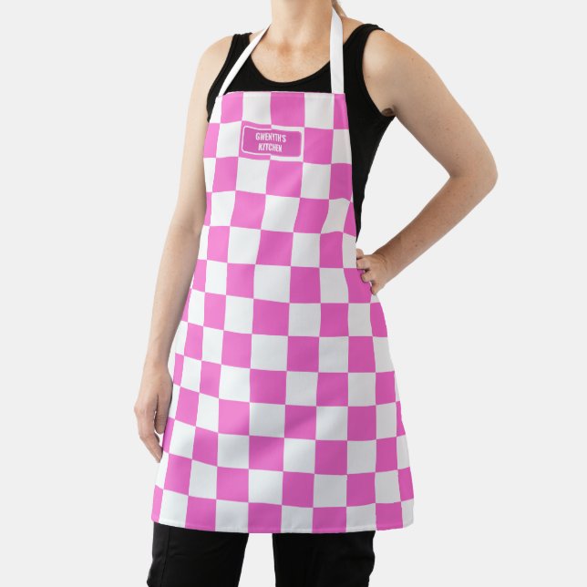 Personalised Chequered Neon Pink Highlighter Apron (Insitu)