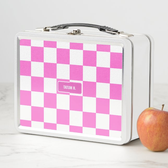 Personalised Chequered Neon Pink Highlighter Metal Lunch Box (In Situ)