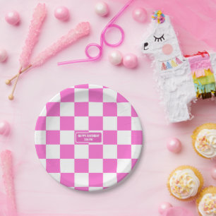 Personalised Chequered Neon Pink Highlighter Paper Plate