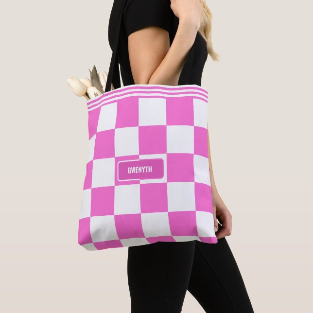 Personalised Chequered Neon Pink Highlighter Tote Bag (Close Up)