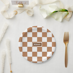 Personalised Chequered Neutral Cognac Camel Paper Plate