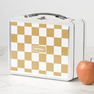 Personalised Chequered Neutral Gold Dust Yellow Metal Lunch Box