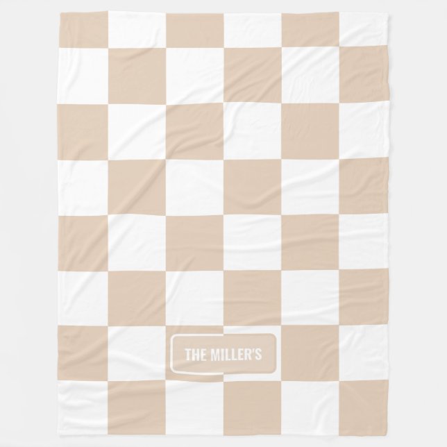 Personalised Chequered Neutral Light Fleece Blanket (Front)