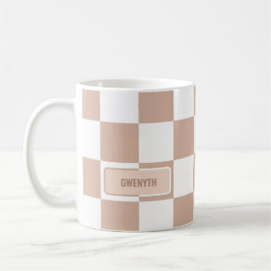 Personalised Chequered Neutral Rose Blush Pink Coffee Mug