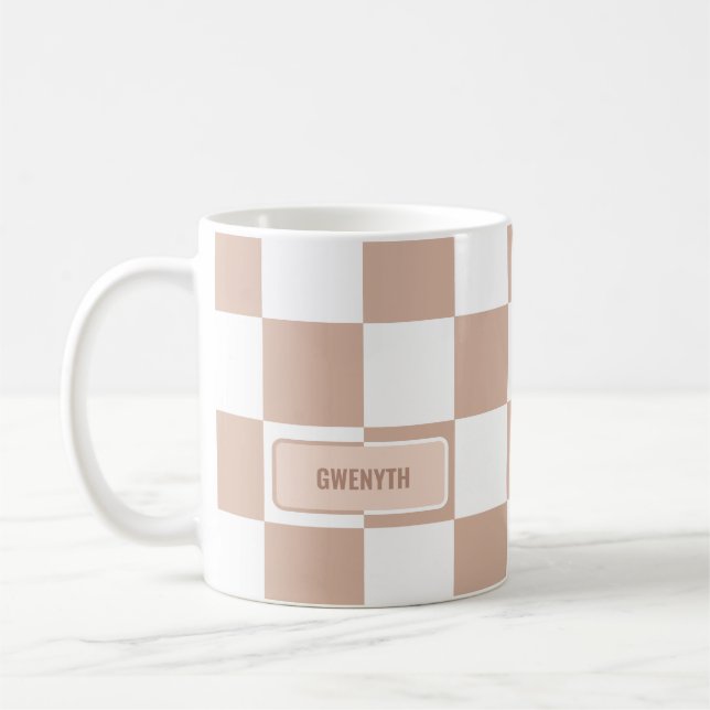 Personalised Chequered Neutral Rose Blush Pink Coffee Mug (Left)