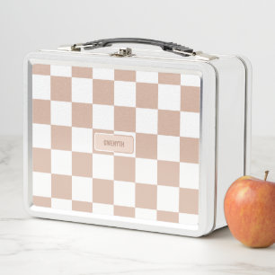 Personalised Chequered Neutral Rose Blush Pink Met Metal Lunch Box