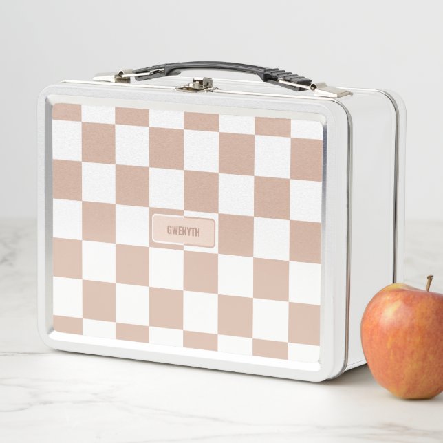 Personalised Chequered Neutral Rose Blush Pink Met Metal Lunch Box (In Situ)