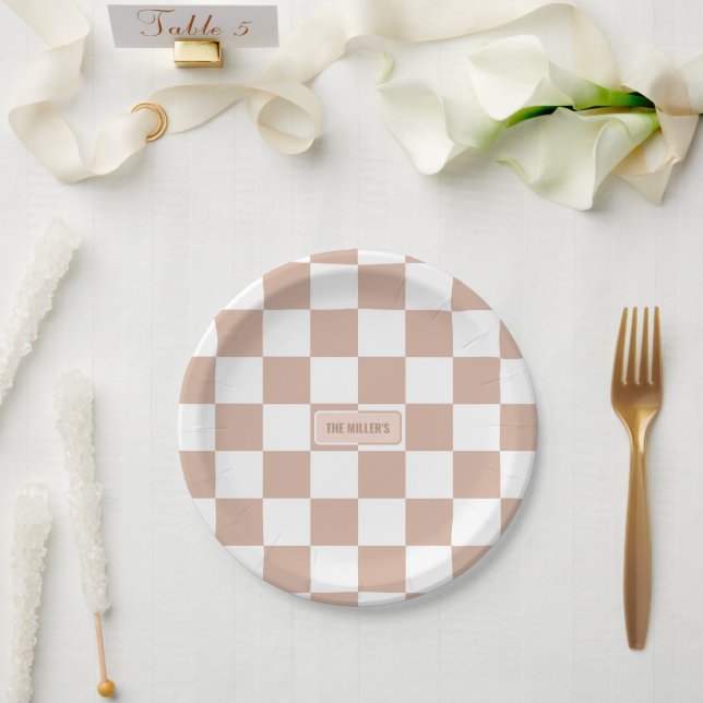 Personalised Chequered Neutral Rose Blush Pink Paper Plate (Wedding)
