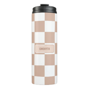 Personalised Chequered Neutral Rose Blush Pink Thermal Tumbler