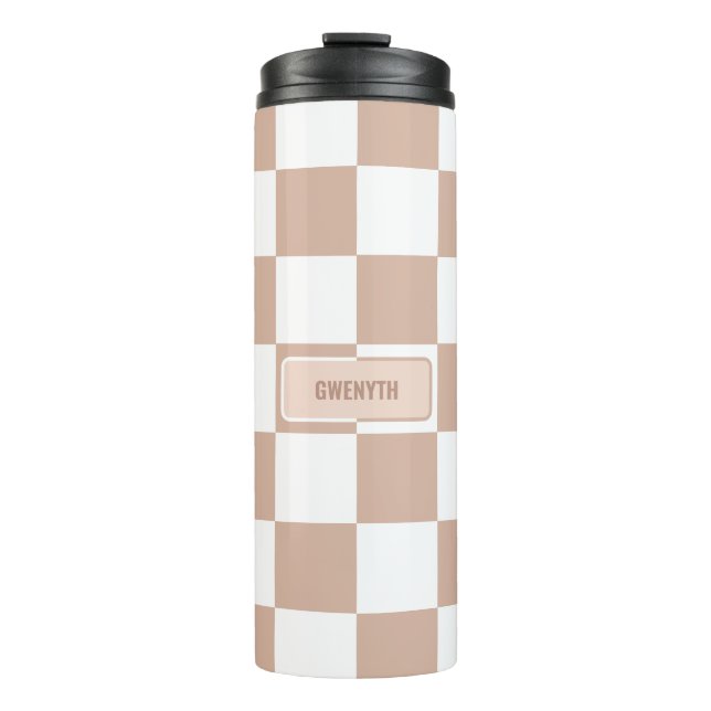 Personalised Chequered Neutral Rose Blush Pink Thermal Tumbler (Front)