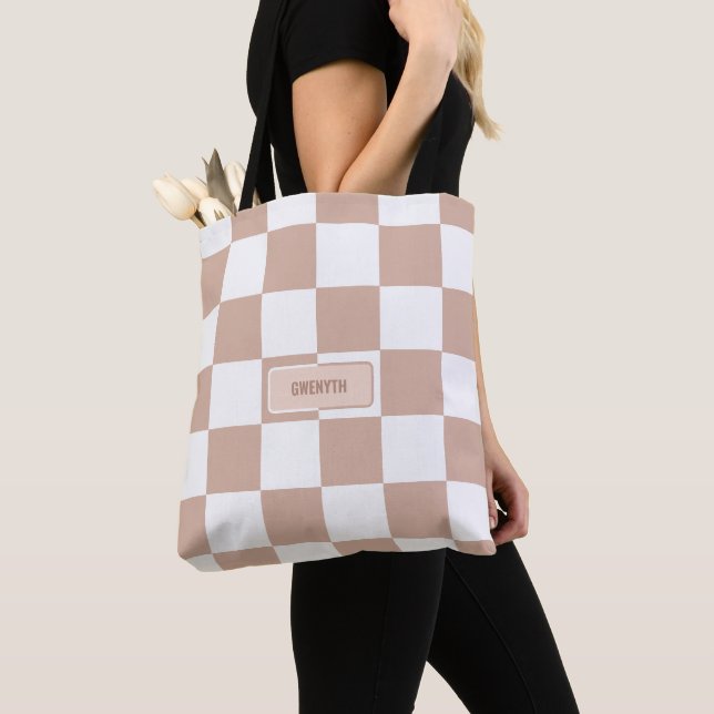 Personalised Chequered Neutral Rose Blush Pink Tote Bag (Close Up)