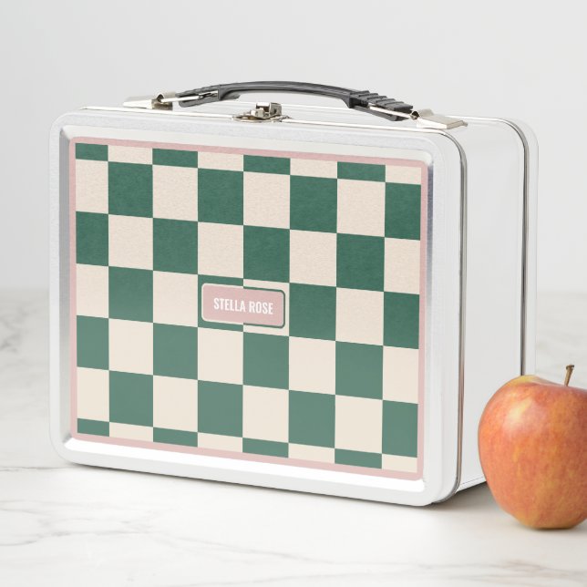 Personalised Chequered Pink & Green Metal Lunch Box (In Situ)