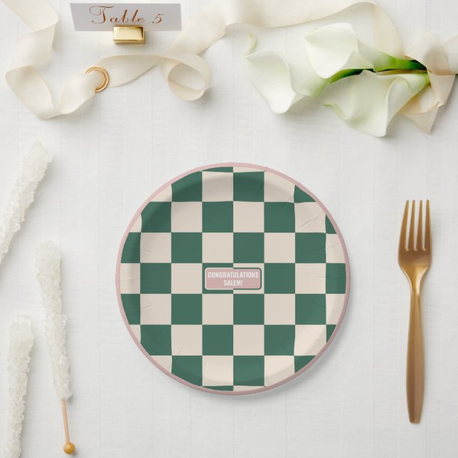 Personalised Chequered Pink & Green Paper Plate (Wedding)
