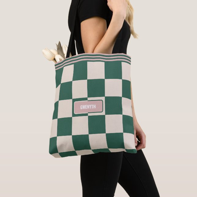 Personalised Chequered Pink & Green Tote Bag (Close Up)