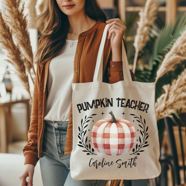 Personalised chequered pumpkin teacher tote, Fall Tote Bag (personalized tote bag, checkered pumpkin tote, Halloween vibes, Halloween tote bag, teacher gift, )