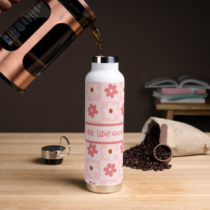 Personalised Chequered Retro Flowers Water Bottle